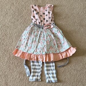 Polka Dot and Floral Dress with Striped Leggings